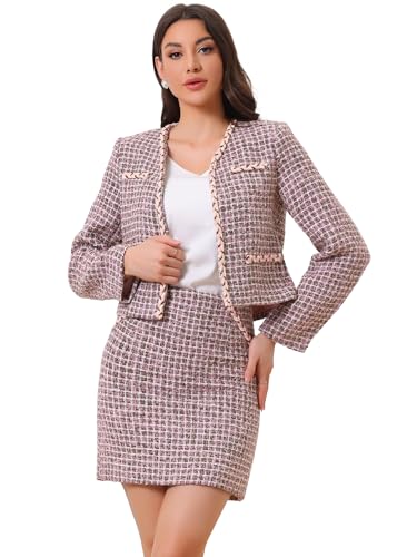 41988NVYNL.jpg 2 Piece Tweed Plaid Skirt Set for Women's Business Collarless Blazer and Mini Skirt Suit Sets