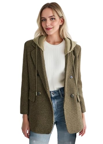 2025 Women's Spring Hooded Blazer Jacket Double-Breasted Oversize Loose Fully-Lined Work Office Suit with Pockets