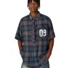 41AVteWrZiL.jpg Mens Button Down Shirts Number Print Plaid Necktie Short Sleeve Shirt Casual Summer Shirts