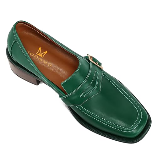 Women Classic Penny Loafers Closed Square Toe Patent Low Heel Loafers Slip On Metal Buckle 2" Chunky Heel Comfy Office Ladies