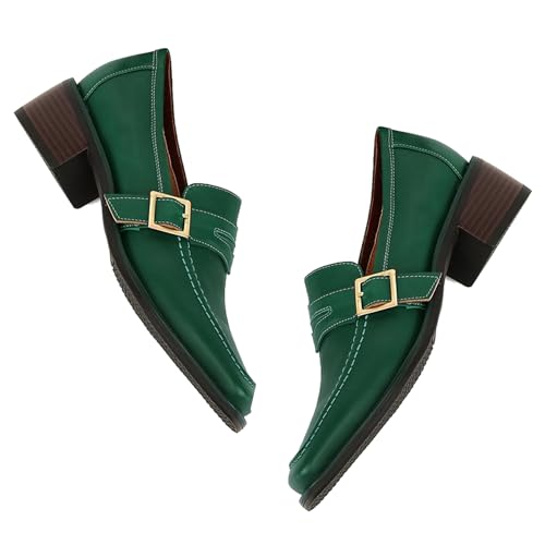 Women Classic Penny Loafers Closed Square Toe Patent Low Heel Loafers Slip On Metal Buckle 2" Chunky Heel Comfy Office Ladies