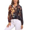 Wild Animals Lion Flowers Women's Button Down Shirts V Neck Long Sleeve Blouses Loose T-Shirt Tops