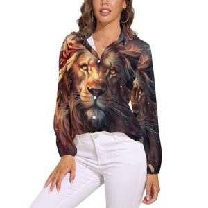 Wild Animals Lion Flowers Women's Button Down Shirts V Neck Long Sleeve Blouses Loose T-Shirt Tops