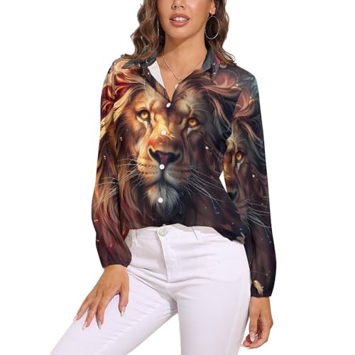 Wild Animals Lion Flowers Women's Button Down Shirts V Neck Long Sleeve Blouses Loose T-Shirt Tops