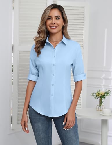 Womens Button Down Shirts 3/4 Sleeve Dress Blouses Business Casual Collared Oxford Tops