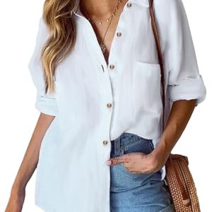 Womens Linen Button Down Shirt Casual Long Sleeve Cotton Blouse Loose Fit Collared Work Gauze Tops with Pocket