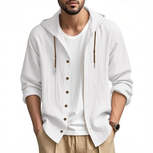 Men Cotton Linen Long Sleeve Button Down Shirt Summer Casual Hawaiian Beach Tops Lightweight Fashion Hoodies