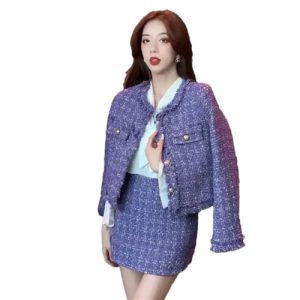 Women's Tweed Two Pieces Set Winter Long Sleeves Jacket Coat + Office Skirt Suits