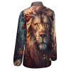 Wild Animals Lion Flowers Women's Button Down Shirts V Neck Long Sleeve Blouses Loose T-Shirt Tops