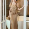 Satin 2 Piece Outfit Women Elegant Corset Top High Waist Fishtail Skirt Set Long Blouse Shirt Evening Dress Suit