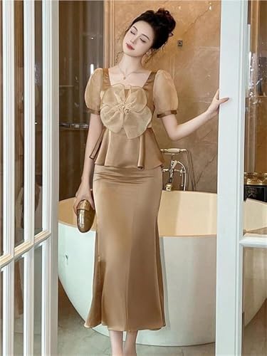Satin 2 Piece Outfit Women Elegant Corset Top High Waist Fishtail Skirt Set Long Blouse Shirt Evening Dress Suit