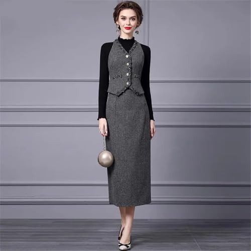 Women Elegant Office and Business Suit V-Neck Long-Sleeved Single-Breasted Tank Skirt 2 Piece Set