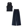 Retro Sleeveless Vest Waist Denim Wide Leg Pants Twopiece Suit for Women