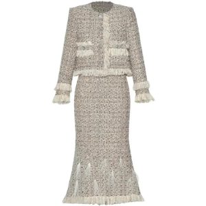 Women Suit Long-Sleeved Tasserl Short Coat Pretty Slim-Fit Hip Wrap Skirt Two Piece Set