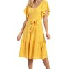 Women's Knit Eyelet Flutter Sleeve Belted Tiered Midi Dress Office Career Garden Party Day Guest of