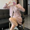 Women Crop Top Woolen Short Jacket Coat Mini Skirts Sets Pink Two Piece Suits