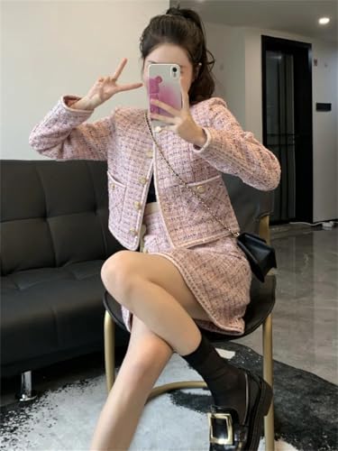 Women Crop Top Woolen Short Jacket Coat Mini Skirts Sets Pink Two Piece Suits