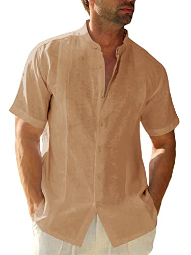 Mens Short Sleeve Cuban Camp Guayabera Shirt Linen Cotton Hippie Beach Button Down Shirts