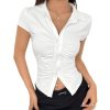 Women's Short Sleeve Button Down Ruched T Shirt Fitted Crop Top