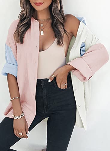 41MKkXSFscL.jpg Womens Color Block Button Down Shirts Long Sleeve Oversized Boyfriend Blouses Tops