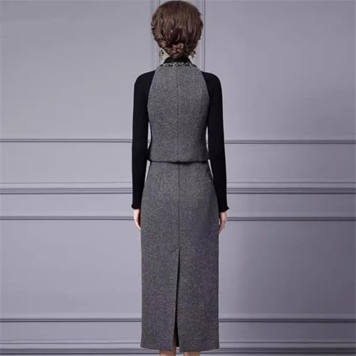 Women Elegant Office and Business Suit V-Neck Long-Sleeved Single-Breasted Tank Skirt 2 Piece Set