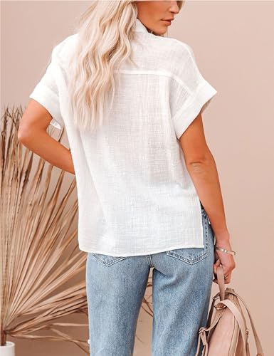 41PmrWkIl6L.jpg Womens Summer Cotton Linen Short Sleeve Button Down Shirt Collared V-Neck Loose Fit Blouse Beach Office Tops