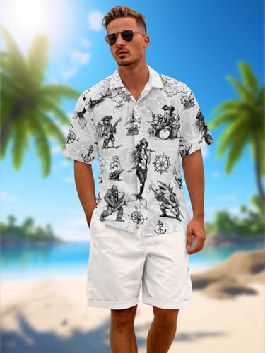 Funny Pirate Hawaiian Shirt Men's Aloha Shirt Summer Beach Vacation Short Sleeve Casual Button Down Shirt