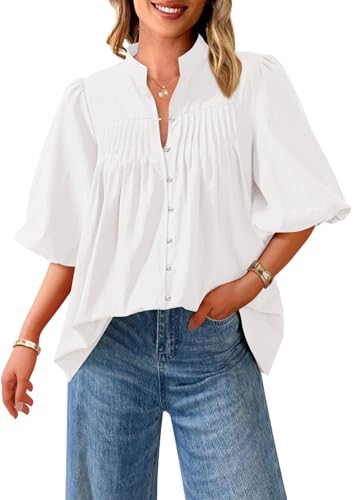 41QKA3q3L.jpg Women's 2025 Summer Short Lantern Sleeve Tops Loose Fit Button Down Shirt Pleated V Neck Blouses Trendy Clothes