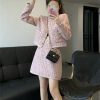 Women Crop Top Woolen Short Jacket Coat Mini Skirts Sets Pink Two Piece Suits
