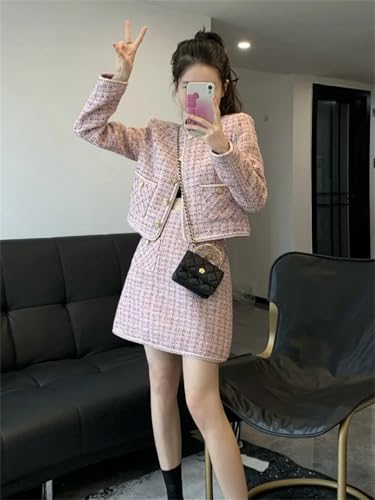 Women Crop Top Woolen Short Jacket Coat Mini Skirts Sets Pink Two Piece Suits