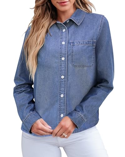 Denim Button Down Shirts for Women Long Sleeve Lightweight Western Relaxed Single Pocket Jean Shirt Shacket Top