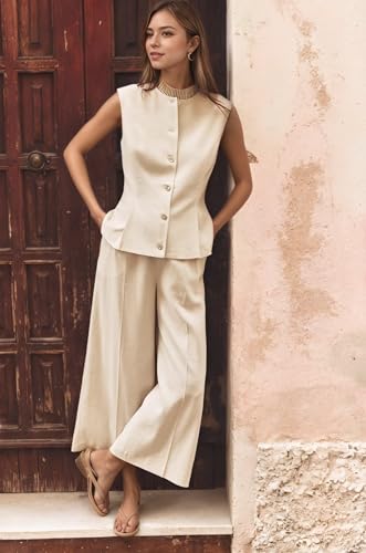 41VYLe7LKTL.jpg Summer Sets Women 2 Piece Outfits for Formal Interview Linen Sleeveless Vest Leisure Pants Outfits for Women Casual
