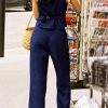 Retro Linen Women Suits Blue Sleeveless Button Vest Tops Wide Leg Pants Sets 2 Pieces Outfits Femme