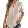 41XYMw3ko0L.jpg Women Linen Button Down Shirt Rolled Cuffed Short Sleeve Blouse Ladies Summer Casual V Neck Beach Cotton Tops
