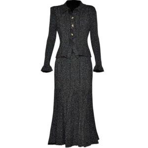 Women Suit Turn-Down Collar Single-Breasted Long-Sleeved Tops Elastic Waist Slim Skirt 2 Piece Set