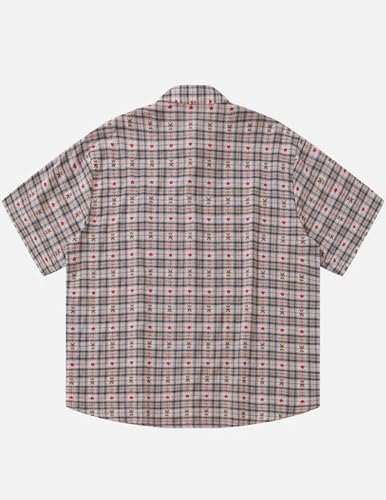 Cut-Out Heart Short Sleeve Shirt Collar Button Down Plaid Casual Tshirt Tops