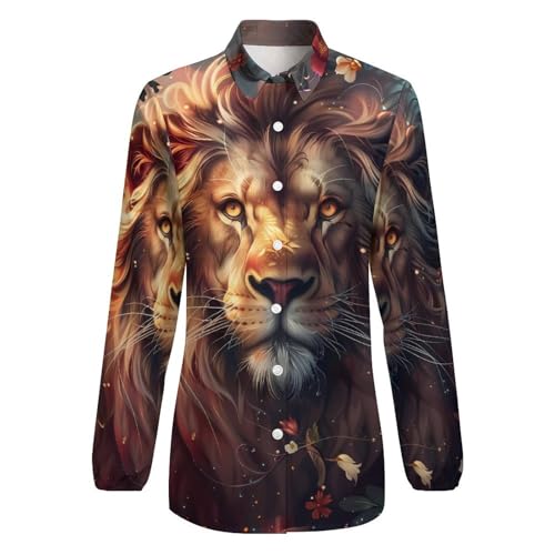 Wild Animals Lion Flowers Women's Button Down Shirts V Neck Long Sleeve Blouses Loose T-Shirt Tops