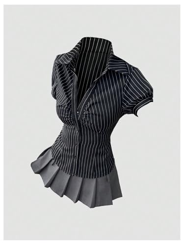 Women's Striped Button Down Shirt Ruched Short Sleeve Fitted Work Blouses