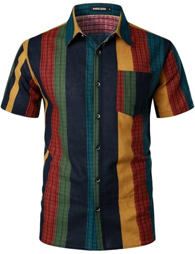 41b9EQ9-6ZL.jpg Men's Cotton Linen Vintage Pattern Printed Old Style Shirt Casual Short Sleeve Button Down Retro Shirts