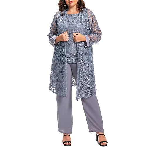 Plus Size Elegant Mother of The Bride Pant Suits Chiffon Pant with Women's Tank Top and Sequin Lace Jacket Evening Gown