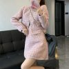 Women Crop Top Woolen Short Jacket Coat Mini Skirts Sets Pink Two Piece Suits