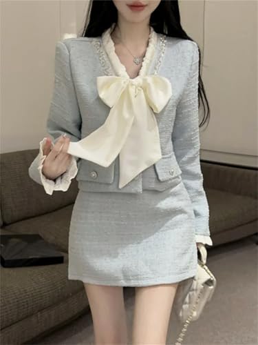 Women Korean Fashion Chic Skirt Sets 2 Piece Outfit French Elegant Jacket Coat Mini Skirt Suits
