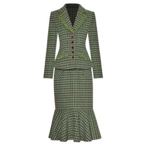 Women Long Sleeve EN8 Plaid Print Coat Mermadi Skirt Two Pieces Suit Skirts Set