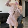 Women Crop Top Woolen Short Jacket Coat Mini Skirts Sets Pink Two Piece Suits