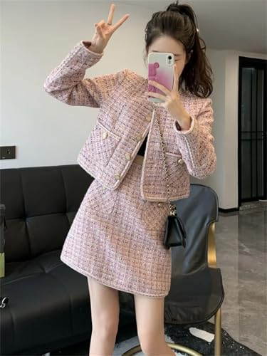 Women Crop Top Woolen Short Jacket Coat Mini Skirts Sets Pink Two Piece Suits
