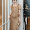 Satin 2 Piece Outfit Women Elegant Corset Top High Waist Fishtail Skirt Set Long Blouse Shirt Evening Dress Suit