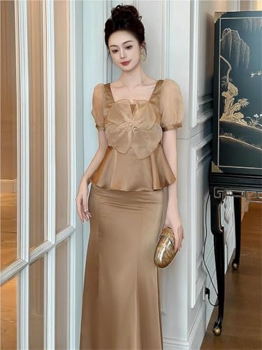 Satin 2 Piece Outfit Women Elegant Corset Top High Waist Fishtail Skirt Set Long Blouse Shirt Evening Dress Suit
