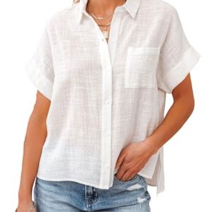 Womens Summer Cotton Linen Short Sleeve Button Down Shirt Collared V-Neck Loose Fit Blouse Beach Office Tops