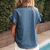 Womens Button Down Shirts Ruffle Ruched Short Sleeve Tops Summer Solid Casual Work Business Blouses