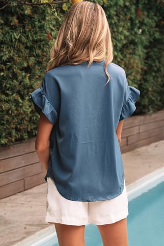 Womens Button Down Shirts Ruffle Ruched Short Sleeve Tops Summer Solid Casual Work Business Blouses